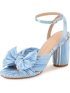 Women's Blue Satin 3.5 inches Open Toe Bow Knot Ankle High Chunky Heels Sandal